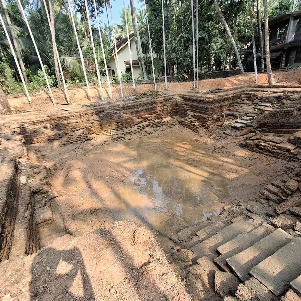 Temple pond fully excavated showing laterite stone walls and dry bed